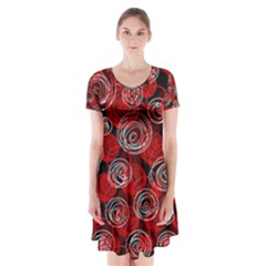 Red Abstract Decor Short Sleeve V-neck Flare Dress