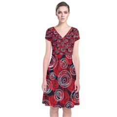 Red Abstract Decor Short Sleeve Front Wrap Dress