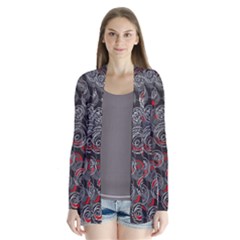 Red And Gray Abstract Art Drape Collar Cardigan