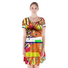 Colorful Abstraction By Moma Short Sleeve V-neck Flare Dress