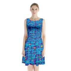 Blue Decorative Art Sleeveless Chiffon Waist Tie Dress