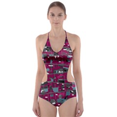 Magenta Decorative Design Cut-out One Piece Swimsuit