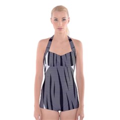 Gray, Black And White Design Boyleg Halter Swimsuit 