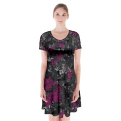 Magenta And Gray Decorative Art Short Sleeve V-neck Flare Dress by Valentinaart