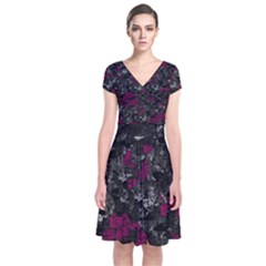 Magenta And Gray Decorative Art Short Sleeve Front Wrap Dress