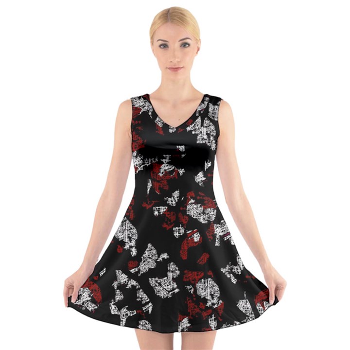 Red, white and black abstract art V-Neck Sleeveless Skater Dress