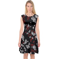 Red, White And Black Abstract Art Capsleeve Midi Dress