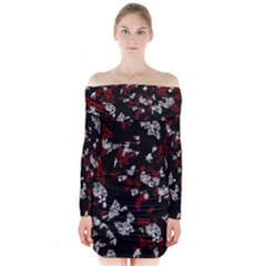 Red, White And Black Abstract Art Long Sleeve Off Shoulder Dress