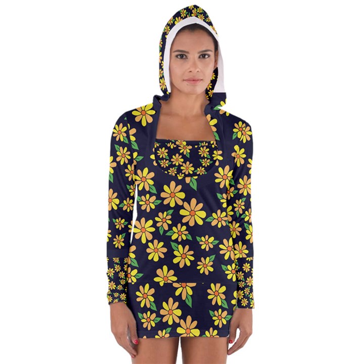 Daisy Flower Pattern For Summer Women s Long Sleeve Hooded T-shirt