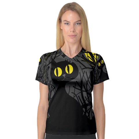 Black Cat - Halloween Women s V-neck Sport Mesh Tee by Valentinaart