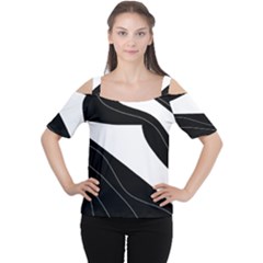 White And Black Decorative Design Women s Cutout Shoulder Tee