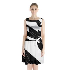 White And Black Decorative Design Sleeveless Chiffon Waist Tie Dress