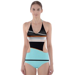 Cyan, Black And White Waves Cut-out One Piece Swimsuit