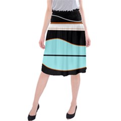 Cyan, Black And White Waves Midi Beach Skirt