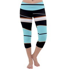 Cyan, Black And White Waves Capri Yoga Leggings