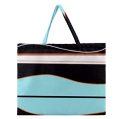 Cyan, Black And White Waves Zipper Large Tote Bag