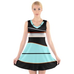 Cyan, Black And White Waves V-neck Sleeveless Skater Dress