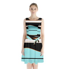 Cyan, Black And White Waves Sleeveless Chiffon Waist Tie Dress