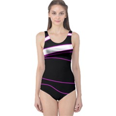 Purple, White And Black Lines One Piece Swimsuit by Valentinaart