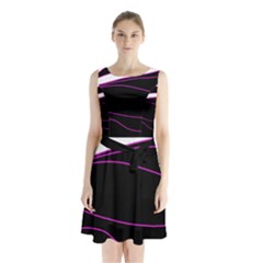 Purple, White And Black Lines Sleeveless Chiffon Waist Tie Dress