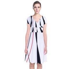 Red, White And Black Elegant Design Short Sleeve Front Wrap Dress