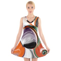 Abstract Orb In Orange, Purple, Green, And Black V-neck Sleeveless Skater Dress