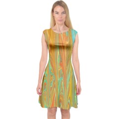 Beautiful Abstract In Orange, Aqua, Gold Capsleeve Midi Dress