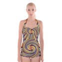 Gold Blue and Red Swirl Pattern Boyleg Halter Swimsuit  View1