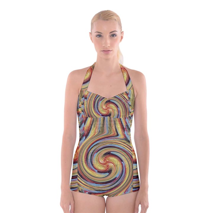 Gold Blue and Red Swirl Pattern Boyleg Halter Swimsuit 