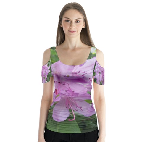 Purple Rhododendron Flower Butterfly Sleeve Cutout Tee  by picsaspassion