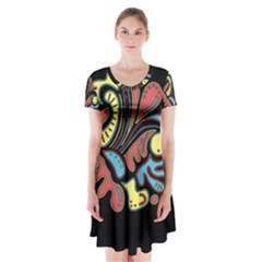 Colorful Abstract Spot Short Sleeve V-neck Flare Dress