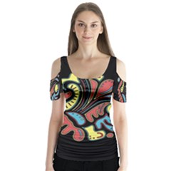 Colorful Abstract Spot Butterfly Sleeve Cutout Tee 