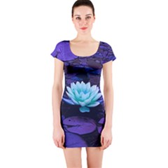 Lotus Flower Magical Colors Purple Blue Turquoise Short Sleeve Bodycon Dress