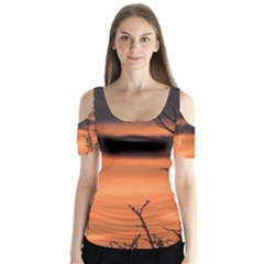 Tree Branches And Sunset Butterfly Sleeve Cutout Tee 