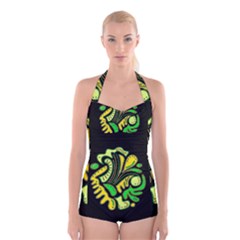 Yellow And Green Spot Boyleg Halter Swimsuit 