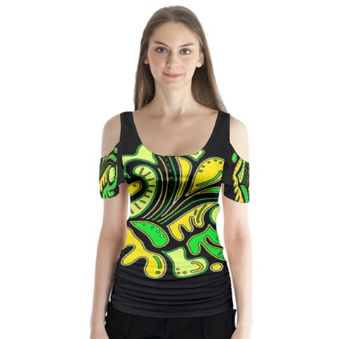 Yellow And Green Spot Butterfly Sleeve Cutout Tee  by Valentinaart