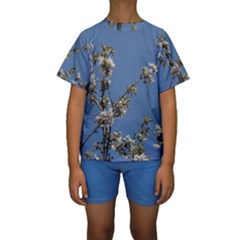 White Cherry Flowers And Blue Sky Kids  Short Sleeve Swimwear