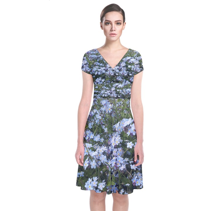 Little Blue Forget-me-not flowers Short Sleeve Front Wrap Dress