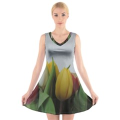 Colorful Bouquet Tulips V-neck Sleeveless Skater Dress