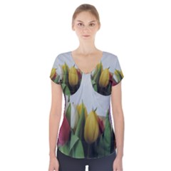 Colorful Bouquet Tulips Short Sleeve Front Detail Top