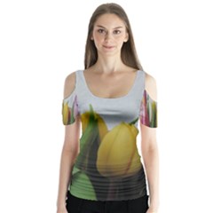 Colorful Bouquet Tulips Butterfly Sleeve Cutout Tee 