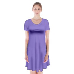 Lilac - Purple Color Design Short Sleeve V-neck Flare Dress