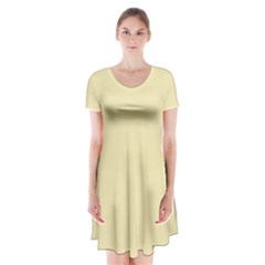 Gold Yellow Color Design Short Sleeve V-neck Flare Dress