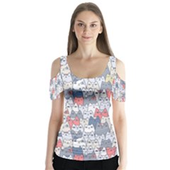 Cats Family  Butterfly Sleeve Cutout Tee 