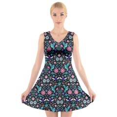 Hummingbird Symmetry Tapestry V-neck Sleeveless Skater Dress