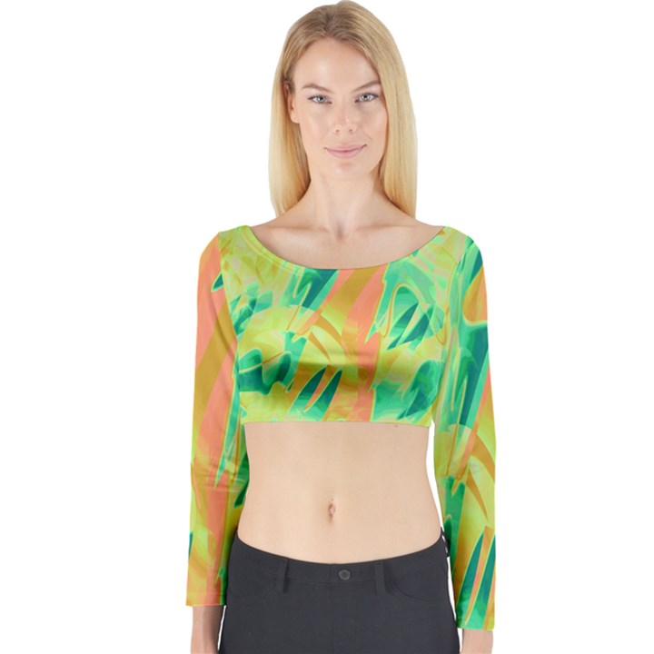 Green and orange abstraction Long Sleeve Crop Top