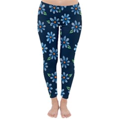 Retro Blue Daisy Flowers Pattern Winter Leggings 