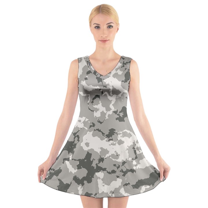 WINTER CAMOUFLAGE V-Neck Sleeveless Skater Dress