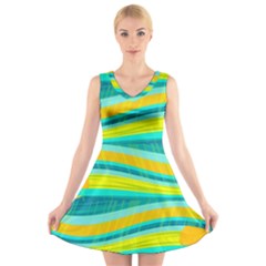 Yellow And Blue Decorative Design V-neck Sleeveless Skater Dress by Valentinaart