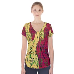 Maroon And Ocher Abstract Art Short Sleeve Front Detail Top by Valentinaart